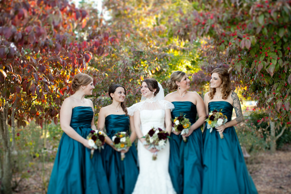 fall wedding and bridesmaids dresses